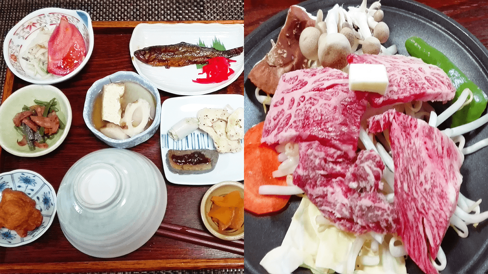 Dinner with Hida beef and home-grown vegetables at Shimizu Inn